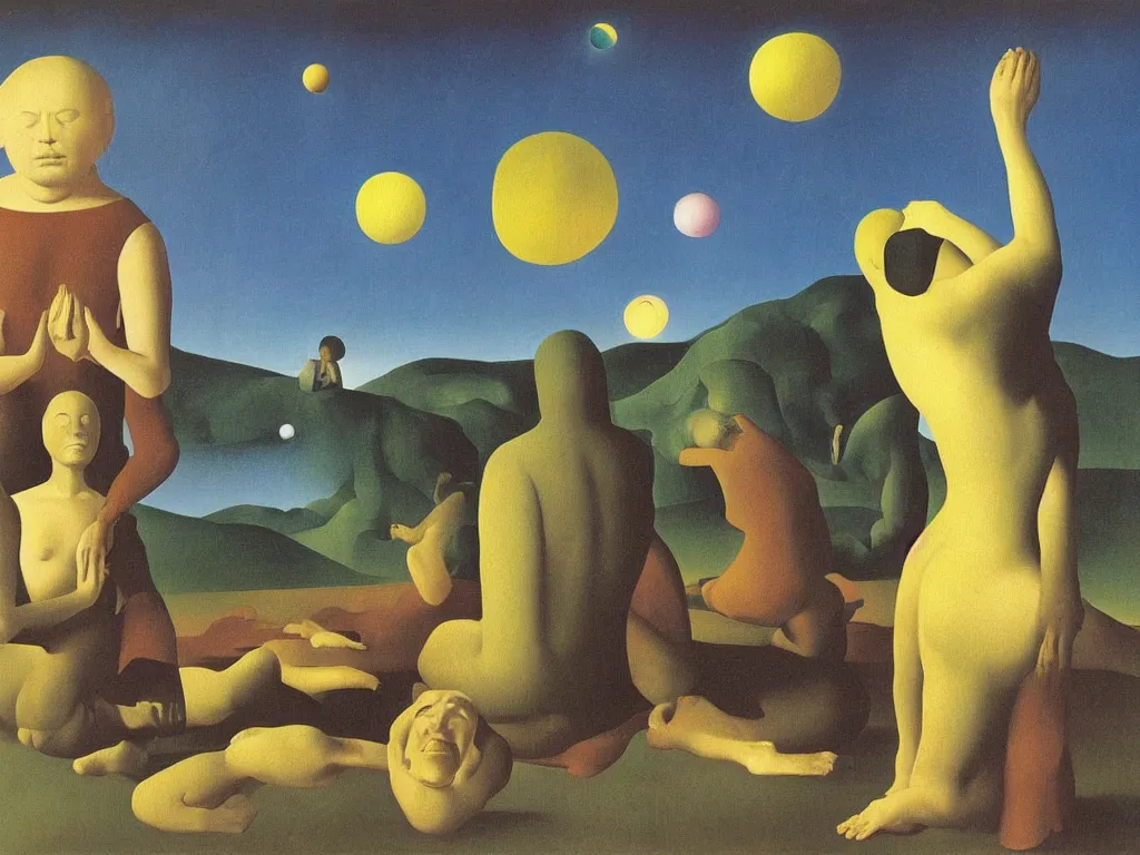 Prompt: cosmic lollipop with man and woman in meditation. painting by rene magritte, jan van eyck, max ernst, paul delvaux