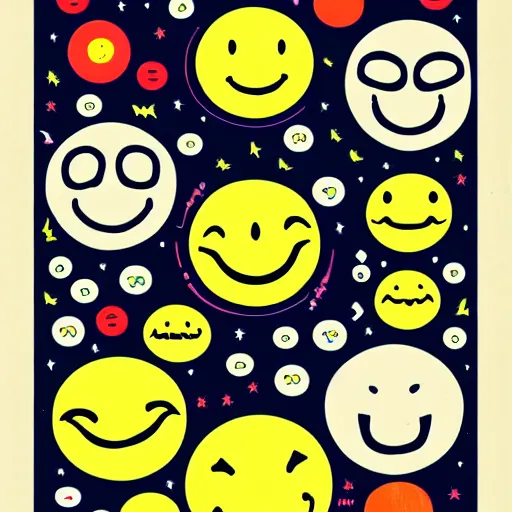 Prompt: melting smiley faces poster in the style of ukiyo - e, 4 k, hd, very detailed and clear