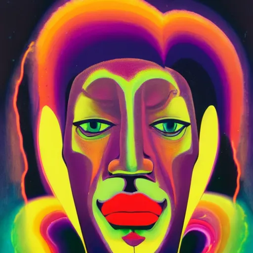 Prompt: a black man with yellow eyes and a dark rainbow background, gouache painting by francis bacon and tomokazu matsuyama, by ed paschke, by agnes pelton, by patrick nagel, behance contest winner, generative art, irridescent, holography, neon, dark art, retrowave, grain, black background