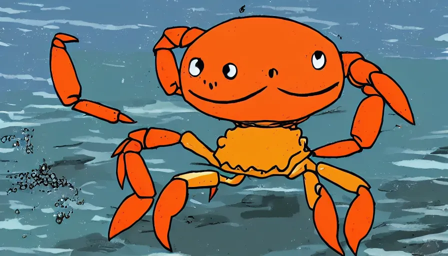 Image similar to A crab dancing to crab rave song. On a beach, at the water, claws reaching up into the air. In the style of Studio Ghibli