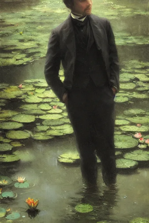 Prompt: detailed cinematic moody colors studio portrait of a victorian gentleman in a victorian pond, water lilies, high quality by jeremy mann, only one head single portrait