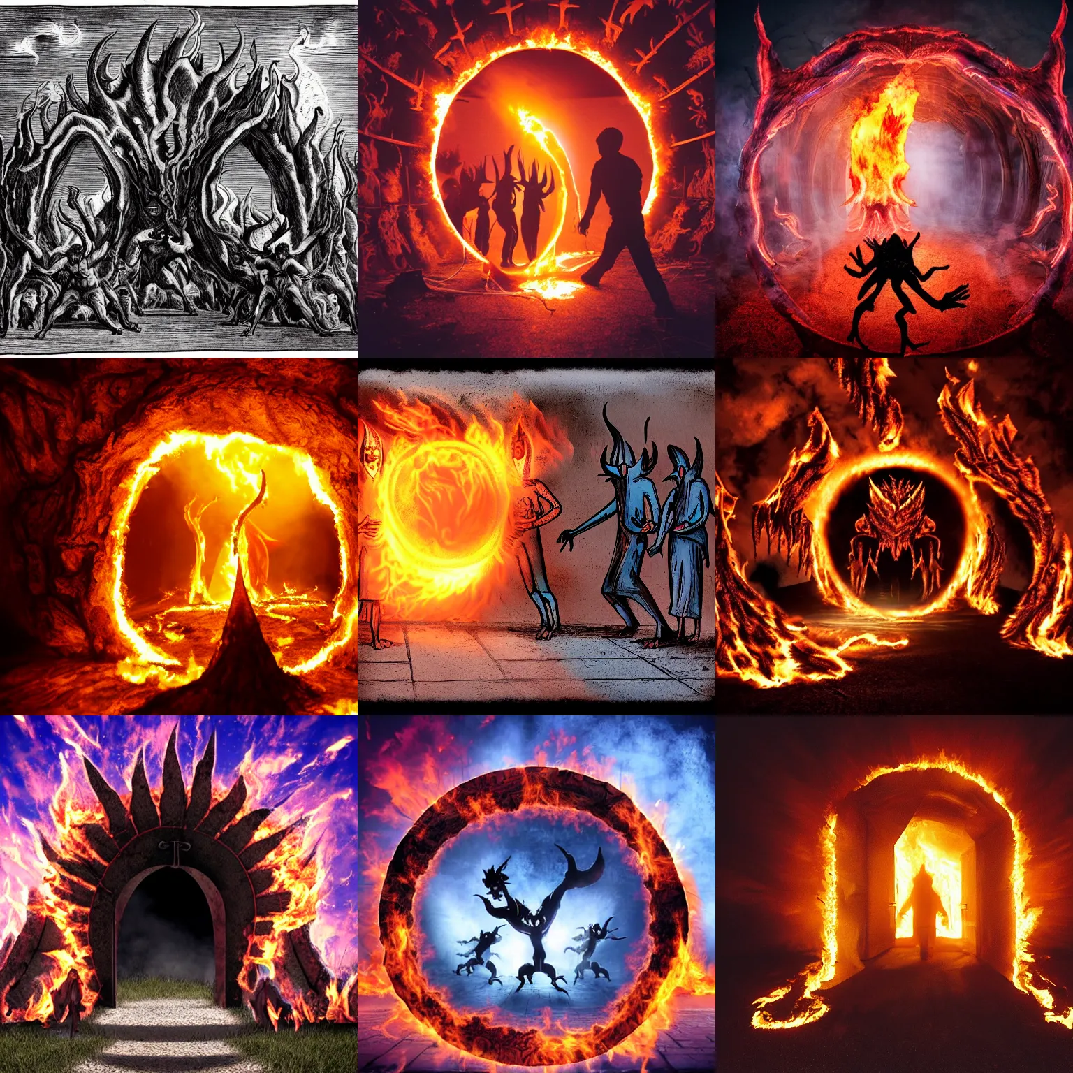 Prompt: demons entering through a burning portal
