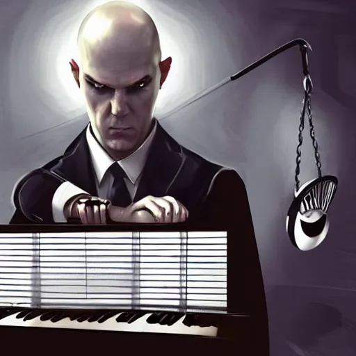Prompt: agent 4 7 from hitman wearing headphones while playing a piano, digital art, dark fantasy, concept art