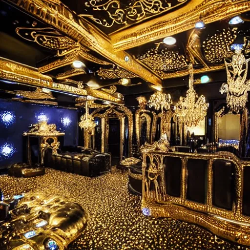 Image similar to professional nightclub photo, a giant crowd of realistic shiny reflective chrome skeletons covered in diamonds dancing wildly and sensually, inside a black and gold fancy high end highly themed rococo nightclub with fog and blue lasers