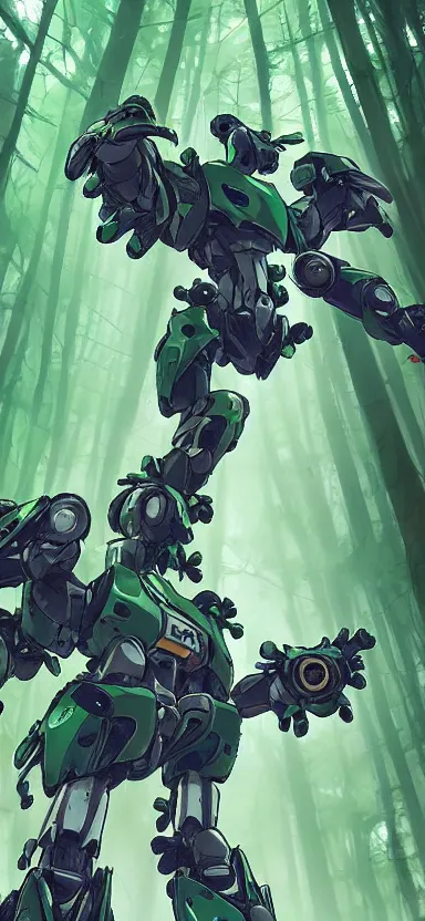 Prompt: giant humanoid plant mecha, forest, key art, aesthetic, anime, shigeto koyama, hiroyuki imaishi