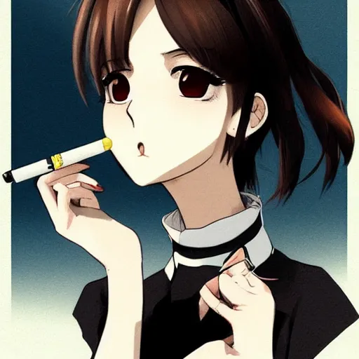 Image similar to portrait of a girl with short brown hair, wearing a white blouse and black choker, smoking a cigarette, drawn by WLOP, by Avetetsuya Studios, attractive character, colored sketch anime manga panel, unsaturated, dull colors, trending on Artstation