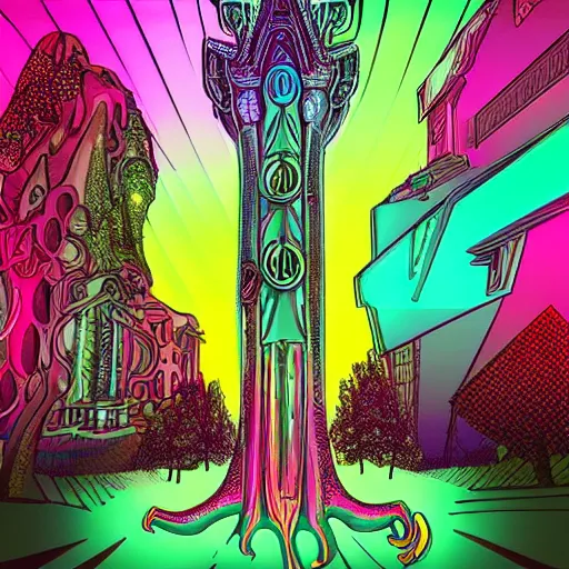 Prompt: mystical psychedelic poster with shaded lighting in the style of andriod jones and arjun brooklyn, radiant light, detailed and complex environment, beautiful, peaceful, utopic astral city in the sky with many buildings and temples reflecting a modern city on the ground with old growth pine trees, overlaid sacred geometry, with implied lines, gradient of hot pink and neon baby blue