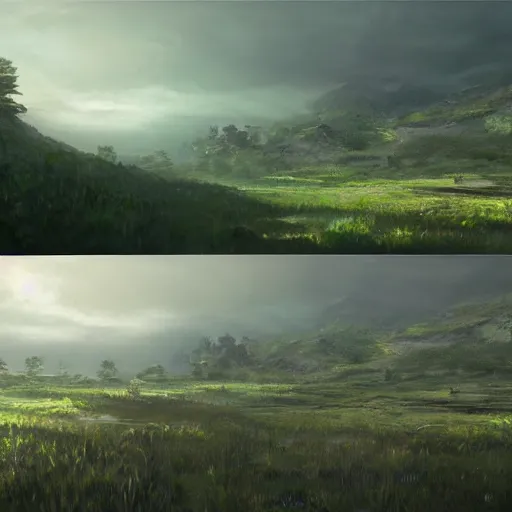 Image similar to concept art painting of a high moorland marsh above a mountainous forest, realistic, detailed, cel shaded, in the style of makoto shinkai and greg rutkowski and james gurney