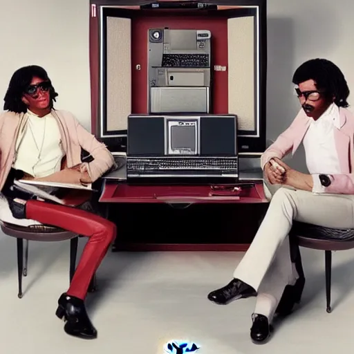 Image similar to a cool ad campaign for gucci leather bound computers : this is the most advanced home computer in the world. cool people everywhere are enjoying the gucci keybotti 1 9 8 1 hq photoshoot