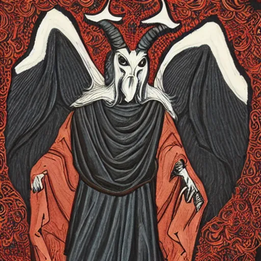 Image similar to baphomet wearing a dark hooded cloak, highly detailed