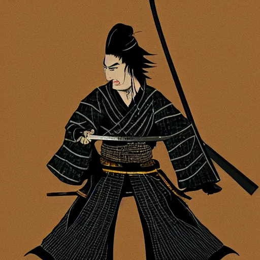 Prompt: Miyamoto Musashi, detailed katana, high detail samurai, noir,