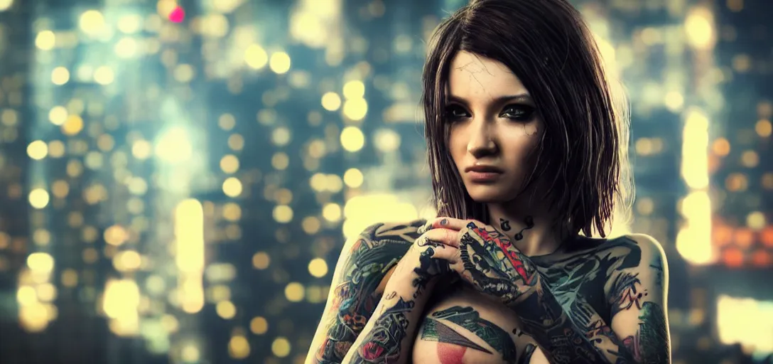 Prompt: a beautiful cyberpunk chick with tattoos photorealism bokeh