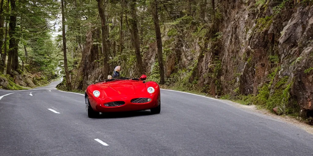 Prompt: red barchetta driving up a mountain with forest around both sides of the road