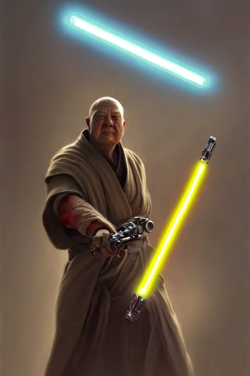 Prompt: breathtaking detailed concept art painting of a jedi winston churchil holding a lightsaber, by hsiao - ron cheng, exquisite detail, extremely moody lighting, 8 k