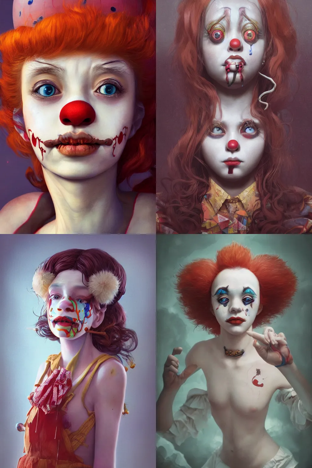 Image similar to breathtaking detailed painting of clown girl , with anxious, piercing eyes, Atari game cover art by Hsiao-Ron Cheng, James jean, Miho Hirano, Hayao Miyazaki, extremely moody lighting, hyperrealistic, octane render, RPG portrait, ambient light, dynamic lighting