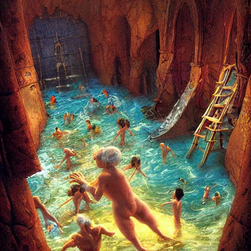 Prompt: human - shaped waterpark painting by brain froud, charles vess, cinematic lighting, epic composition, highly detailed