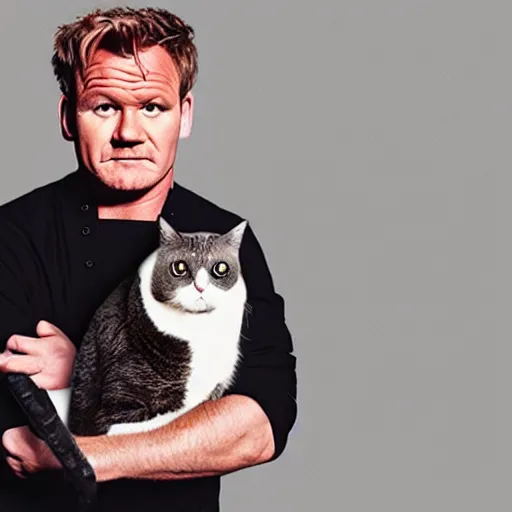 Image similar to portrait of gordon ramsey but his face is that of a cat