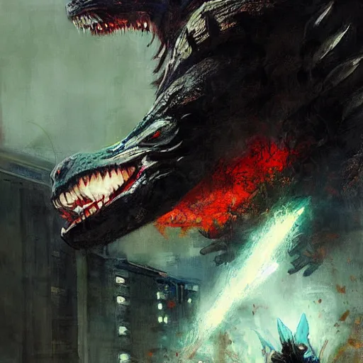 Image similar to godzilla vs mothra by jeremy mann