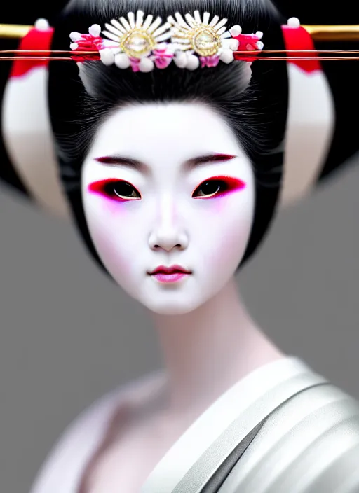 Prompt: Geisha extreme closeup photo portrait, beautiful pale makeup, pearlescent skin, elegant pose, very detailed, highly detailed kimono, photorealism, artstation, different point of view, sharp focus, photorealistic, soft diffuse lights, canon 5D 50 mm lens, zen natural background, def of field