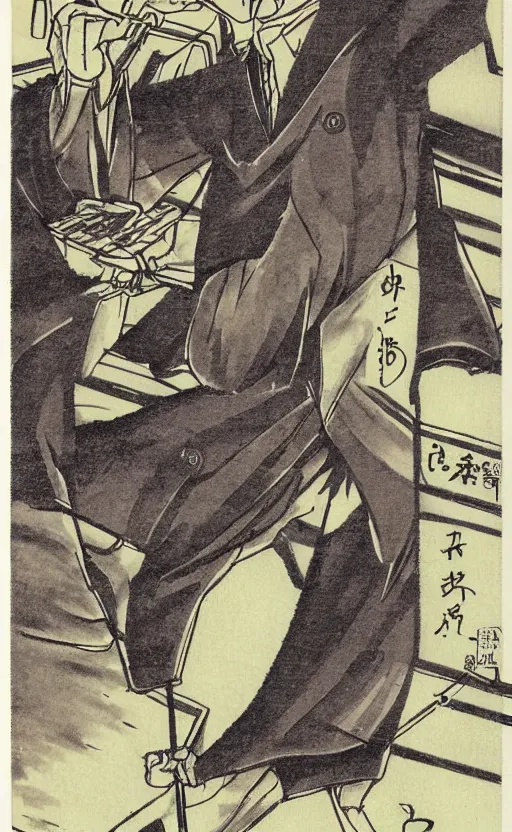 Prompt: by akio watanabe, manga art, a male calligrapher drawing some ideograms, trading card front, winter season, realistic anatomy, sun in the background