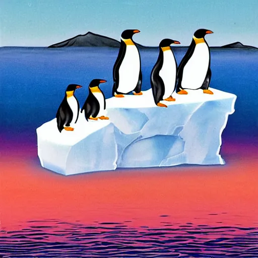 Prompt: penguins on an iceberg, cartoon by s. gross