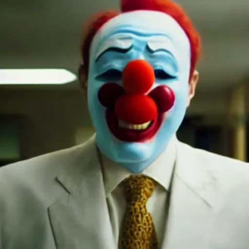 Prompt: blurry film still of a man wearing a suit and a latex mask of a clown from the dark knight's bank robbery scene