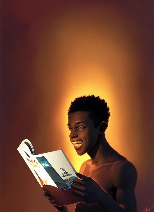 Image similar to portrait of teenage chuck clayton, black teenage boy, short curly hair, short hair square jaw, slight excited smile, reading a comic book, intricate, elegant, glowing lights, highly detailed, digital painting, artstation, concept art, smooth, sharp focus, illustration, art by wlop, mars ravelo and greg rutkowski