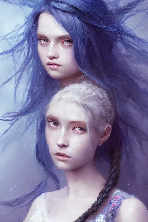 Image similar to a fancy portrait of a beautiful young girl with long blue hair and blue eyes by greg rutkowski, sung choi, mitchell mohrhauser, maciej kuciara, johnson ting, maxim verehin, peter konig, bloodborne, 8 k photorealistic, cinematic lighting, hd, high details, dramatic, dark atmosphere, trending on artstation