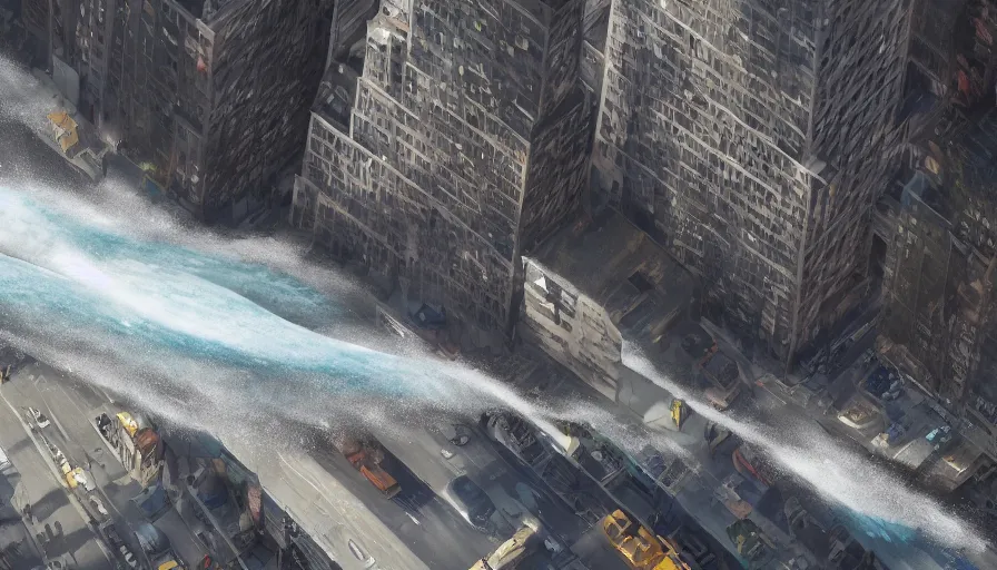 Image similar to People fleeying a tidal wave in New York City, wild view, hyperdetailed, artstation, cgsociety, 8k