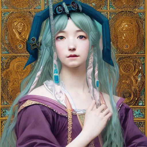 Image similar to a beautiful portrait of hatsune miku as a 1 6 th century noblewoman, fantasy, intricate, elegant, highly detailed, digital painting, artstation, concept art, matte, sharp focus, illustration, art by greg rutkowski and alphonse mucha