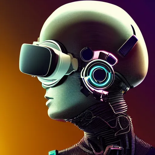 Image similar to retro vintage sci - fi, cyber robot wearing vr headset, 3 d illutration, profile face portrait, night, detailed, cyberpunk style, character, ai, detailed,