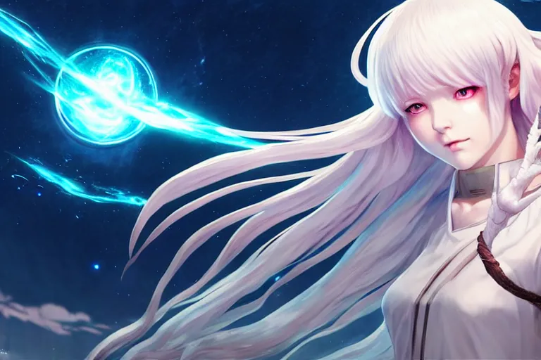 Image similar to white dressed summoner girl fighting against outer gods with their creatures. floating planets on the background, box office hit, fantasy and cosmic horror movie, unreal engine, intricate, highly detailed 8 k, ambient occlusion, extremely beautiful and aesthetic shape of face and body, art by hiroaki samura and ilya kuvshinov and rossdraws