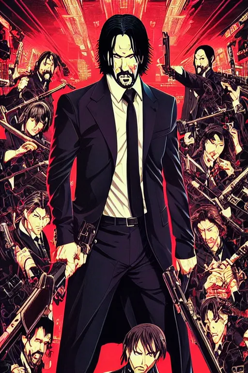 Prompt: poster of john wick, in anime style, by yoichi hatakenaka, masamune shirow, josan gonzales and dan mumford, ayami kojima, takato yamamoto, barclay shaw, karol bak, yukito kishiro