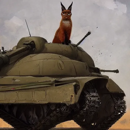 Image similar to cute caracal on a tank, portrait, jakub rozalski, dark colours, dieselpunk, artstation