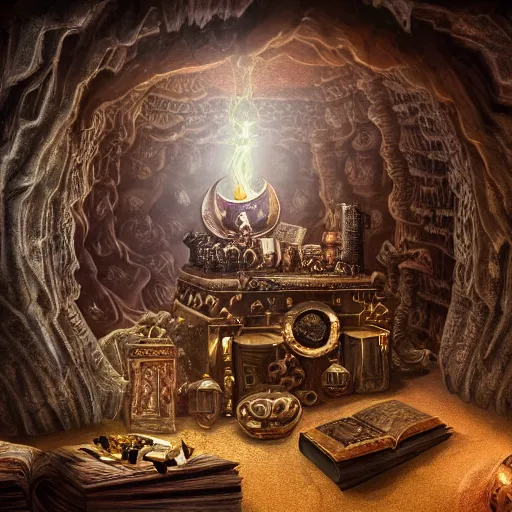 Image similar to epic view of an ancient dark byzantine cave interior, ornate oil lamp on a pile of crystals, books covered in jewels, ornate, surrounded by strange crystals and treasure, full of sand and glitter, hyper real, Indiana Jones, Tomb Raider, trending on artstation, concept art, cinematic, jewels, in the style of Jean Giraud