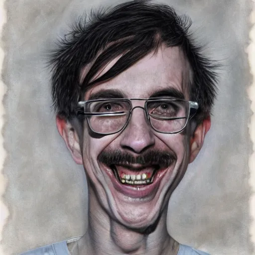 Prompt: A portrait of Ricky Berwick with a massive grin by Stephen Gammell