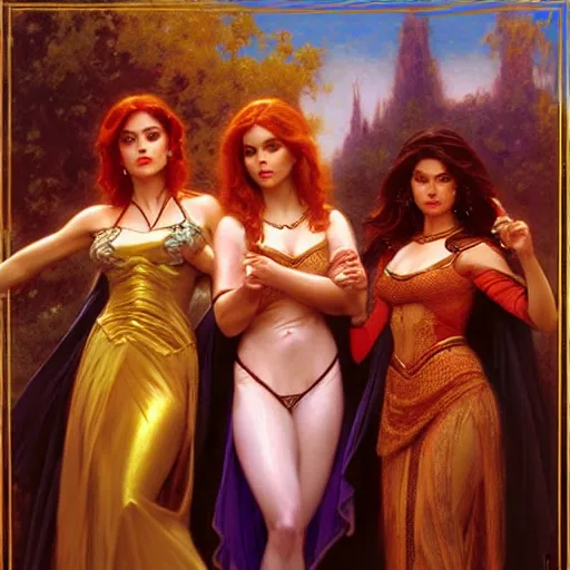 Image similar to the charmed ones as 3 brothers. highly detailed painting by gaston bussiere, craig mullins, j. c. leyendecker, 8 k