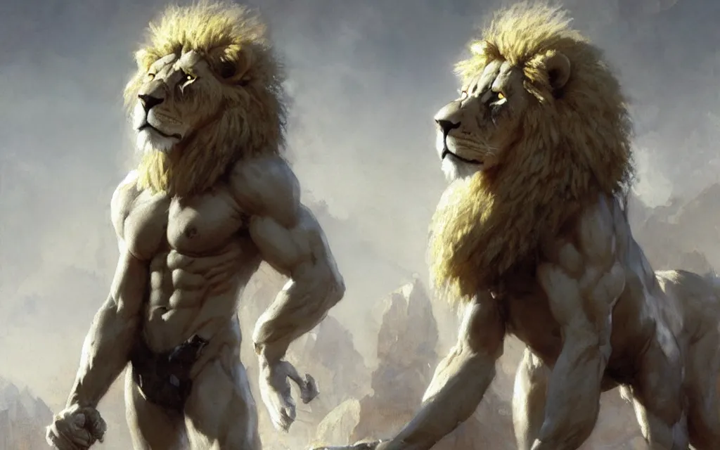 Image similar to muscular male furry albino lion young handsome male dnd, muscle, painting by gaston bussiere, craig mullins, greg rutkowski, yoji shinkawa