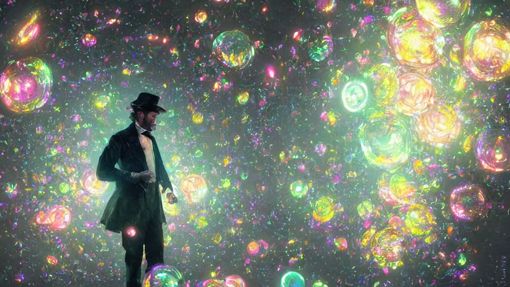 Image similar to swarm of colorful glowing iridescent discs surrounding a victorian man, by greg rutkowski