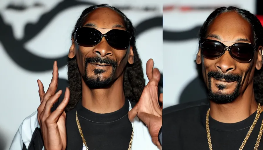 Image similar to Snoop Dogg smiles sweetly, with big red eyes