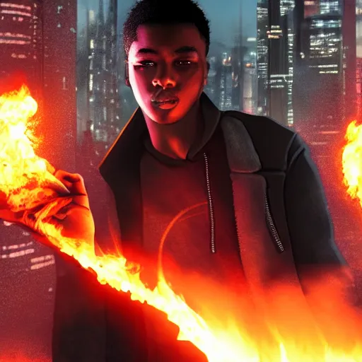 Prompt: young man with a black colored flame in his hand, facing a city Futuristic cyberpunk, hyperrealistic, high quality, multiple details