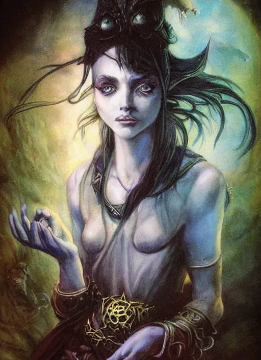 Image similar to portrait of young female sorceress of the endtimes, beautiful! coherent! dungeons and dragons character, by brian froud, strong line, cool night color, high contrast