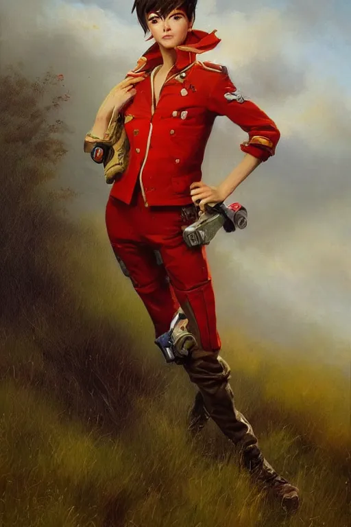 Prompt: oil painting of tracer overwatch in a field of grass wearing red uniform, in style of ivan aivazovsky, detailed face, detailed eyes, full body