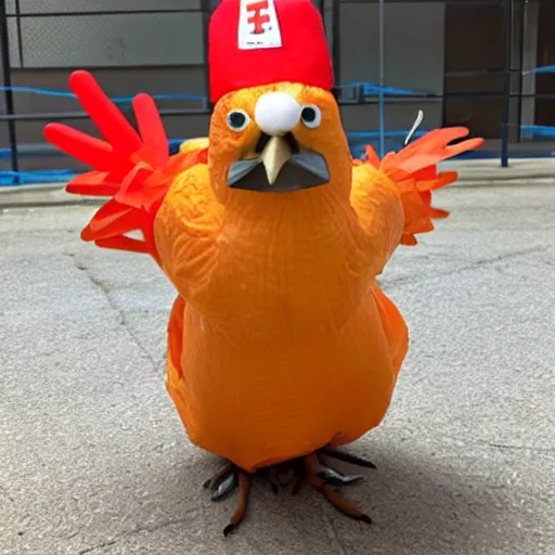 Prompt: real chicken dressed as an inmate on a jail