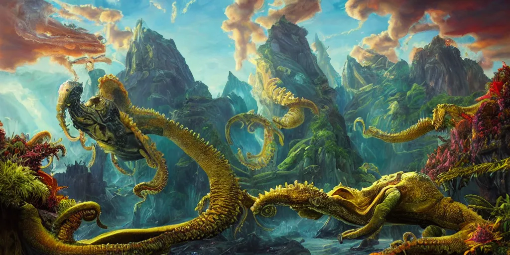 Image similar to fantasy oil painting, great leviathan, cybernetic turtle cephalopod terrapin reptilian pachyderm squid, bella hadid, hybrid, milla jovovich, anubis, epic natural light, lush plants flowers, spectacular mountains, bright clouds, luminous sky, outer worlds, golden hour, michael cheval, edward hopper, michael whelan, vray, hd