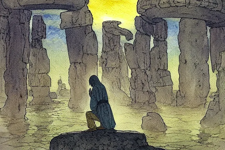 Image similar to a realistic and atmospheric watercolour fantasy concept art of a ufo landing in a floating stonehenge. one dirty medieval monk in grey robes is on his knees praying to the ufo. muted colors. by rebecca guay, michael kaluta, charles vess and jean moebius giraud