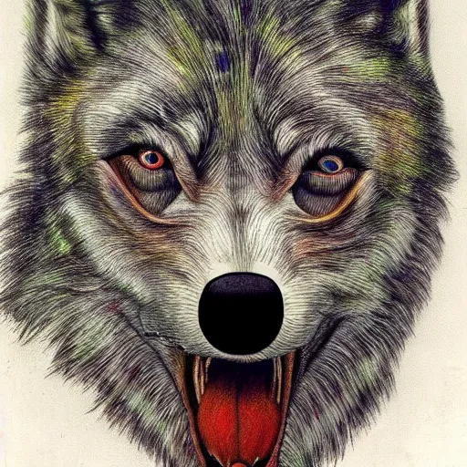 Image similar to realistic portrait of retarded wolf, eyes in different directions, vivid colors, very ugly face, missing teeth