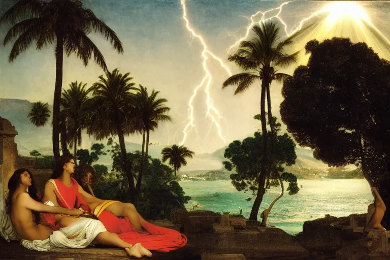 Image similar to mediterranean balustrade and columns, refracted lightnings on the ocean, thunderstorm, sun rays, greek pool, beach and Tropical vegetation on the background major arcana sky and occult symbols, by paul delaroche, hyperrealistic 4k uhd, award-winning, very detailed paradise