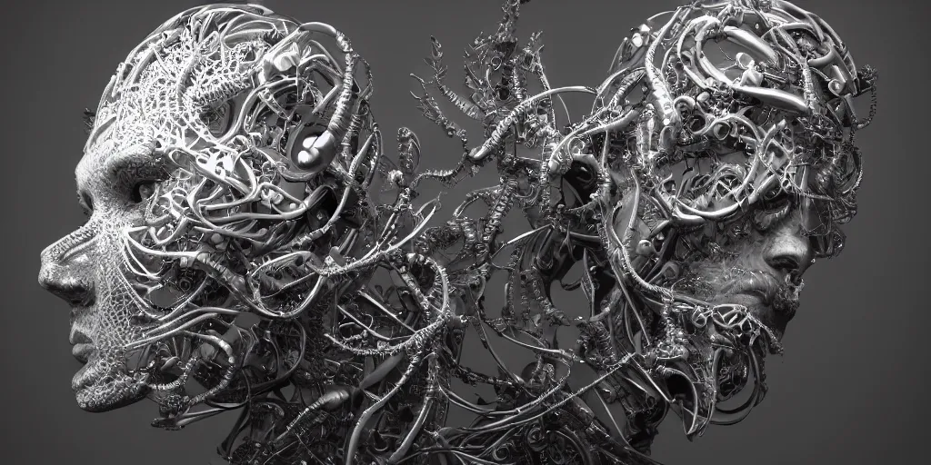 Image similar to hyperrealistic photography of a stunningly beautiful cyborg male, consciences being installed sci - fi, intimate, intricate filigree, fibonacci, in the style of beth cavener, jin kagetsu, and wlop, highly detailed, chrome face symmetry, masterpiece, award winning, sharp focus, concept art, high key, ambient lighting, 8 k, octane render,