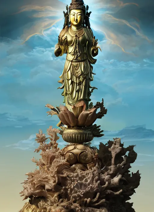 Image similar to guanyin stand on big loutus, a godness of the southern seas, a realistic setting with muted colors, visual novel cover, by yoshitaka amano, zeng fanzhi, jane hamilton, tiffany studios, sunrays shine uponit, frostbite 3 engine, cryengine, dof, trending on artstation, digital art, fantasy detailed background